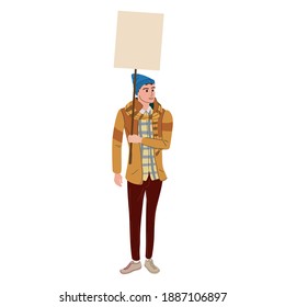 Protester man holding empty banner. Activist protesting, political meeting, strike human rights. Vector illustration isolated