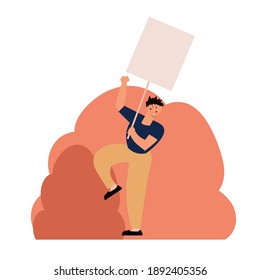 Protester man holding empty banner. Activist protesting, political meeting, strike human rights. Vector illustration isolated
