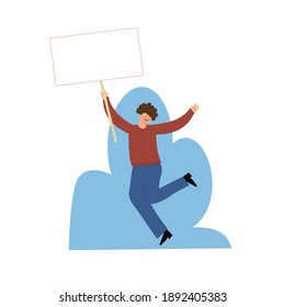Protester man holding empty banner. Activist protesting, political meeting, strike human rights. Vector illustration isolated