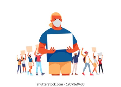Protester man holding empty banner. Activist protesting, political meeting, strike human rights. Parade, picket and strike. Cartoon character flat style vector illustration isolated on white.