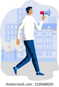 Protester man with a loudspeaker.
Public protest social activist opposition demonstration strike speech concept horizontal flat copy space vector illustration
