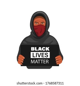 Protester man wear hoddie and mask holding sign board black lives matter symbol in cartoon illustration vector on white background