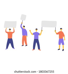 Protester men with placards. Male activists standing at picket with cardboard. Strike, riot, march concept. Vector flat illustration