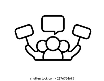 protester men with poster and bubble vector monoline icon isolated. Perfect outline symbol public demonstration strike. protest activist design element with editable Stroke line.