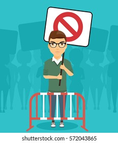 A protester at the rally with a poster in his hands. Young guy with glasses. The struggle for justice. Expression of civil law for the control of the authorities.
