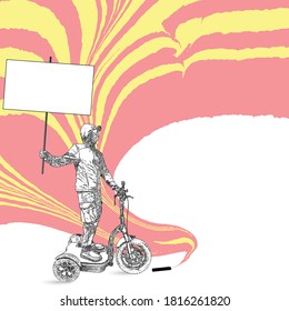 Protester with scooter and banner for black lives matter riot, fighting to stop violence to black people. Demand for human rights for people of color. Participation in political and social justice. 