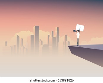 Protester speaking through megaphone or bullhorn and holding a placard, banner vector icon. Corporate background. Symbol of activism, demonstration. Eps10 vector illustration.