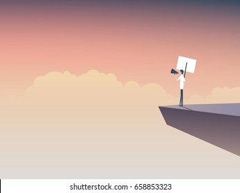 Protester speaking through megaphone or bullhorn and holding a placard, banner vector icon. Corporate background. Symbol of activism, demonstration. Eps10 vector illustration.