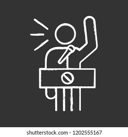 Protester speech chalk icon. Political protest. Political or social movement participant. Protest leader. Person shouting slogans. Isolated vector chalkboard illustration