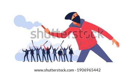 Protester throws stones and smoke bombs toward police during street riots. Aggressive huligan protesters in a mask and hood, holding bat and raising their fists. Cartoon flat vector illustration.