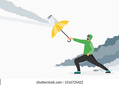 Protester use umbrella to avoid tear gas and face recognition surveillance camera illustration vector and design. Riot and demonstration concept element.  Suitable for infographic