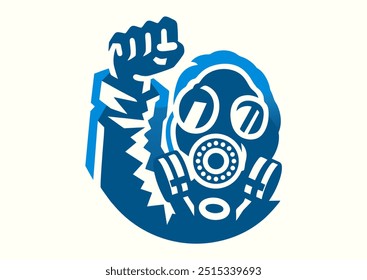 Protester wearing a protective respirator to protect against tear gas and other chemicals used by police to disperse demonstrations. Masked person starting protest riot. Icon, logo, banner, pictogram