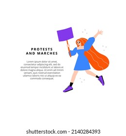 Protester woman in expresses an active civic position flat vector sticker. Feminist shouting with a raised hand and holding a sign banner