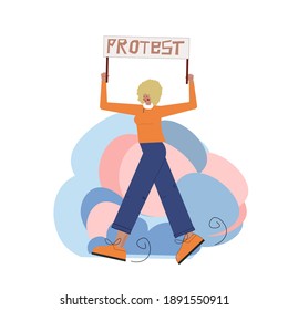 Protester woman holding empty banner. Activist protesting, political meeting, strike human female rights. Vector illustration isolated