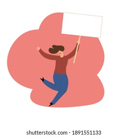 Protester woman holding empty banner. Activist protesting, political meeting, strike human female rights. Vector illustration isolated