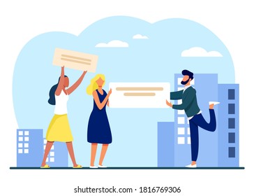 Demonstranten und Aktivisten mit Plakaten. Menschen, die leere Banner halten und zeigen, flache Vektorgrafik. Protesttreffen, Konzept der sozialen Bewegung für Banner, Website-Design oder Landing-Webseite