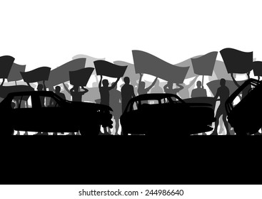 Protesters Angry People Crowd With Posters And Flags In Abstract Riot Landscape Background Illustration