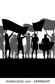Protesters angry people crowd with posters and flags in abstract riot landscape background illustration