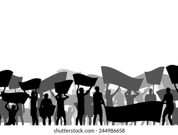 Protesters angry people crowd with posters and flags in abstract riot landscape background illustration
