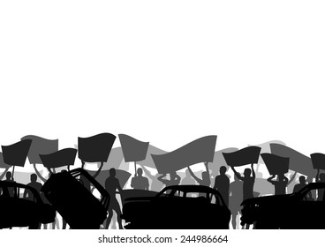 Protesters angry people crowd with posters and flags in abstract riot landscape background illustration