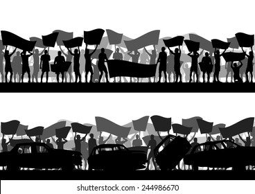 Protesters Angry People Crowd With Posters And Flags In Abstract Riot Landscape Background Illustration