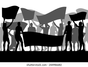 Protesters angry people crowd with posters and flags in abstract riot landscape background illustration