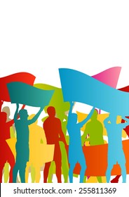Protesters angry people crowd with posters and flags in abstract riot landscape background illustration
