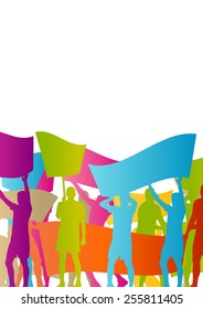 Protesters angry people crowd with posters and flags in abstract riot landscape background illustration