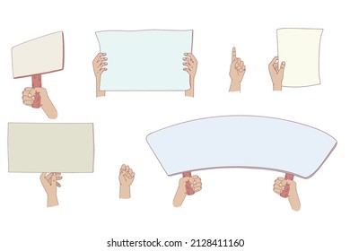 Protesters banners. Concept of hands hold different banners. peace protest poster and blank vote placards. Manifestation protest, holding demonstration placard