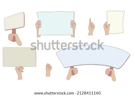 Protesters banners. Concept of hands hold different banners. peace protest poster and blank vote placards. Manifestation protest, holding demonstration placard