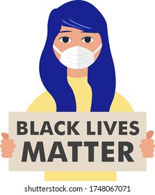 Protesters Black Lives Matter, Black White Woman Holding Board, Wears Medical Mask, USA Protest 2020, Racial Equality, Social Issue