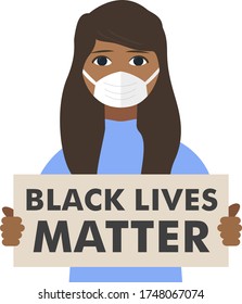 Protesters Black Lives Matter, Black White Woman Holding Board, Wears Medical Mask, USA Protest 2020, Racial Equality, Social Issue