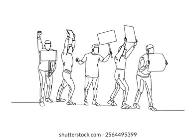 Protesters in continuous one line drawing. People protesting with lifting empty placard in single line art illustration. Editable vector.  