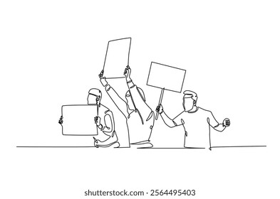 Protesters in continuous one line drawing. People protesting with lifting empty placard in single line art illustration. Editable vector.  