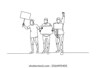 Protesters in continuous one line drawing. People protesting with lifting empty placard in single line art illustration. Editable vector.  