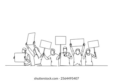 Protesters in continuous one line drawing. People protesting with lifting empty placard in single line art illustration. Editable vector.  