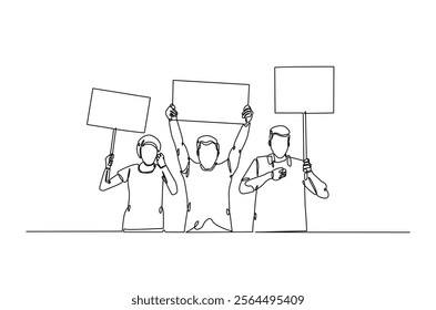 Protesters in continuous one line drawing. People protesting with lifting empty placard in single line art illustration. Editable vector.  