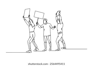 Protesters in continuous one line drawing. People protesting with lifting empty placard in single line art illustration. Editable vector.  