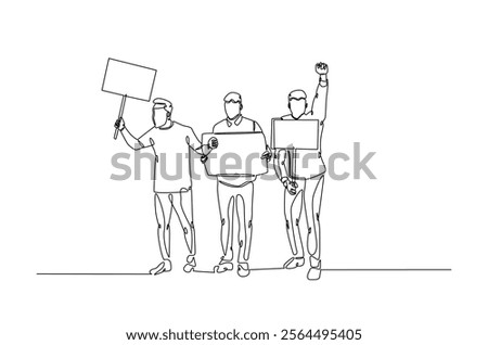 Protesters in continuous one line drawing. People protesting with lifting empty placard in single line art illustration. Editable vector.  