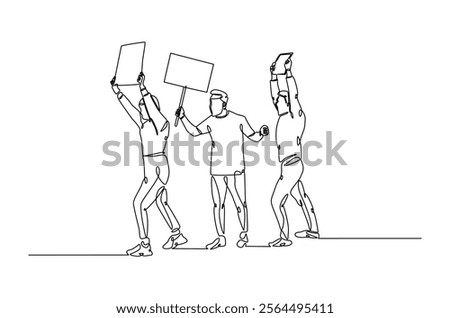 Protesters in continuous one line drawing. People protesting with lifting empty placard in single line art illustration. Editable vector.  