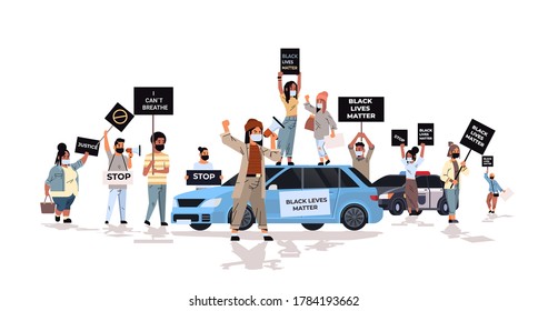 protesters crowd with black lives matter banners campaign against racial discrimination in police support for equal rights of black people isolated horizontal vector illustration