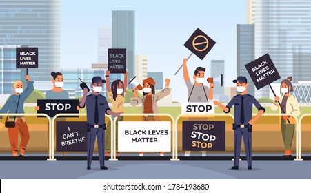 protesters crowd with black lives matter banners campaign against racial discrimination in police support for equal rights of black people cityscape horizontal vector illustration