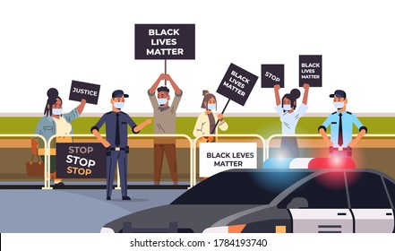 protesters crowd with black lives matter banners campaign against racial discrimination in police support for equal rights of black people horizontal full length vector illustration