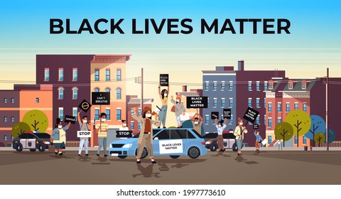 protesters crowd with black lives matter banners campaign against racial discrimination in police