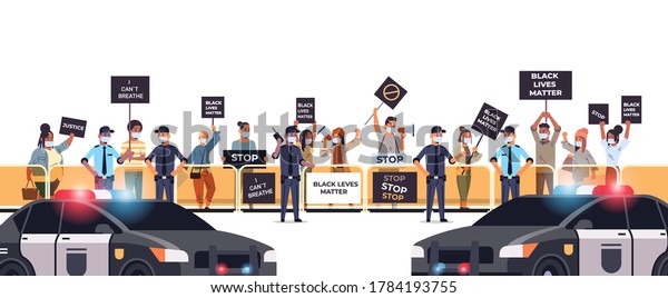 protesters\
crowd with black lives matter banners campaign against racial\
discrimination in police support for equal rights of black people\
horizontal full length vector\
illustration