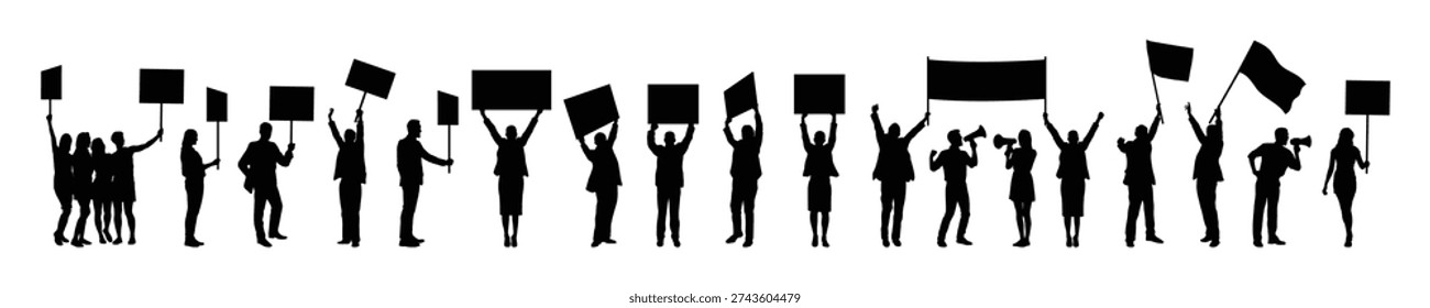 Protesters crowd march holding placards banners signs silhouettes vector illustration collection.