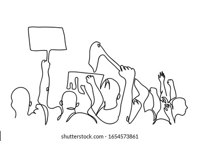 Protesters crowd simple black and white vector backview. One continuous line drawing, illustration, background.