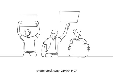 Protesters Crowd Single Line. One Continuous Line Drawing, Illustration, Background. Continuous One Line Drawing, Activists Protest. Political Riot Sign Banners, People.