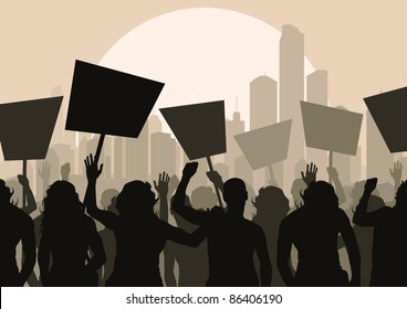 Protesters crowd in skyscraper city landscape background illustration