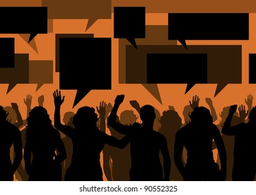 Protesters crowd and speech bubbles colorful landscape background illustration